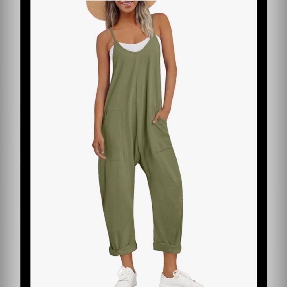NEW Women's Sleeveless Oversize Romper Cotton Stretch Large Olive Green, NWT - Picture 3 of 7